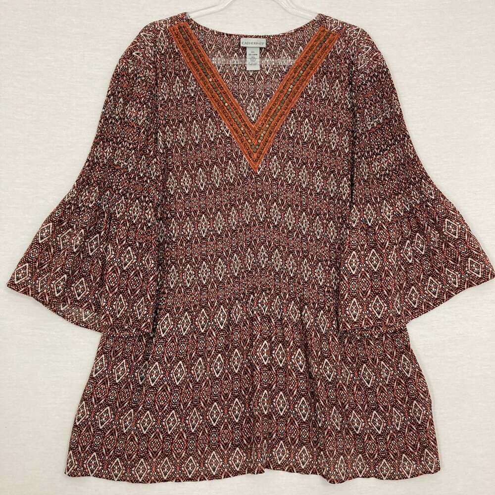 Catherines Brown Multi Color Geometric Print‎ Beaded V Neck Pullover Blouse 2X